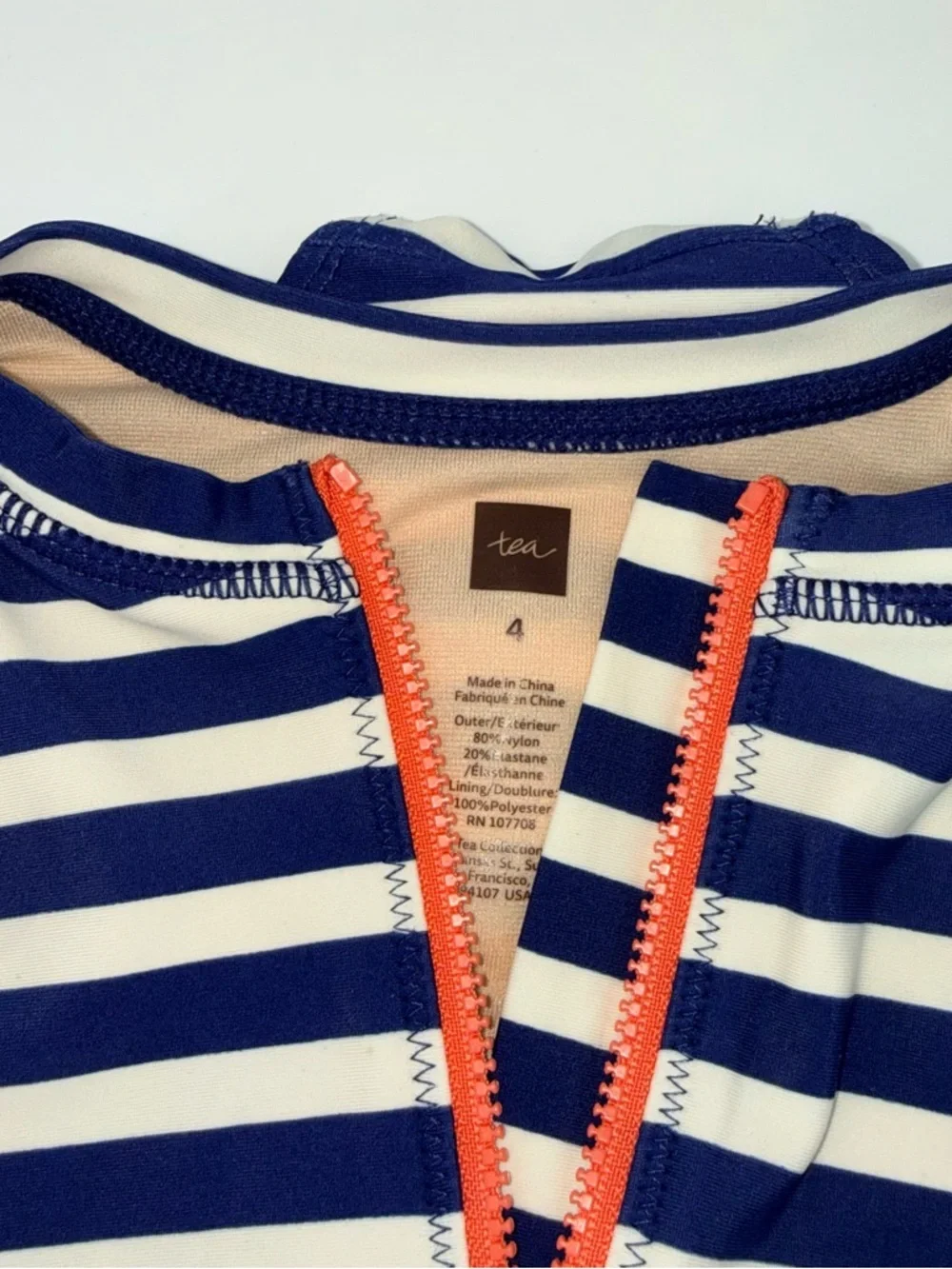 Tea Collection Girls Navy & White Striped Zip-Front One-Piece Rashguard Swimsuit